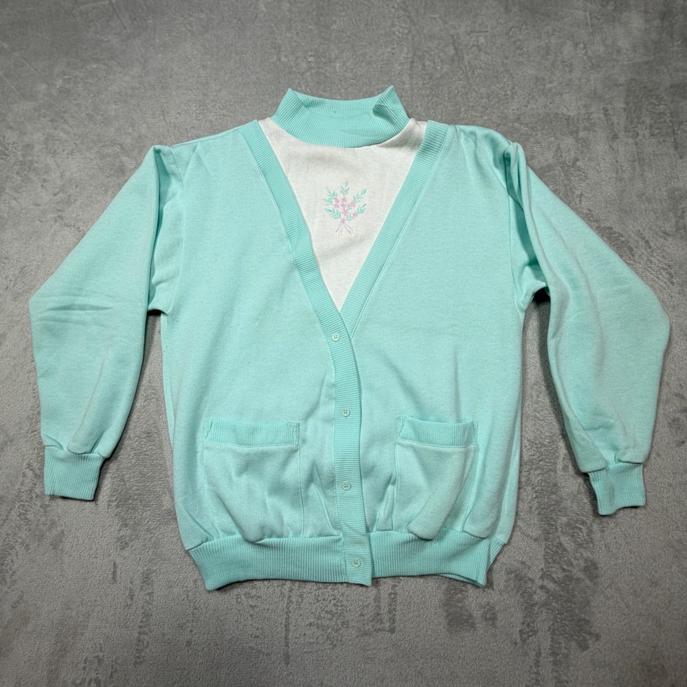 Vintage 90s Mint Green Layered Look Cardigan Sweatshirt Floral Large Emroidered